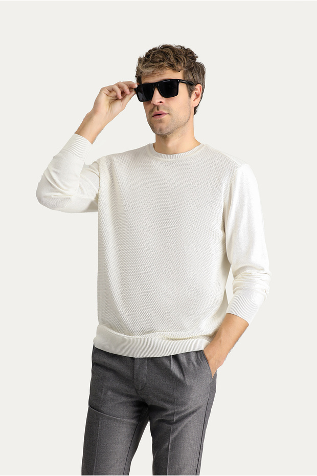 Crew Neck Patterned Knit Sweater