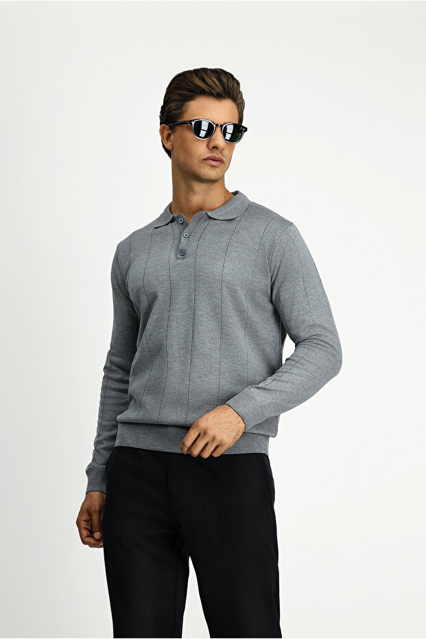 Polo Neck Buttoned Regular Fit Striped Knit Sweater