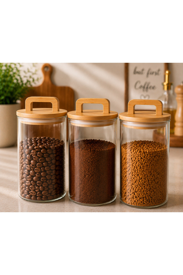 3-Piece Glass Jar with Bamboo Handle and Lid 750 ml – Tea Coffee Salt Sugar Storage Jar Set