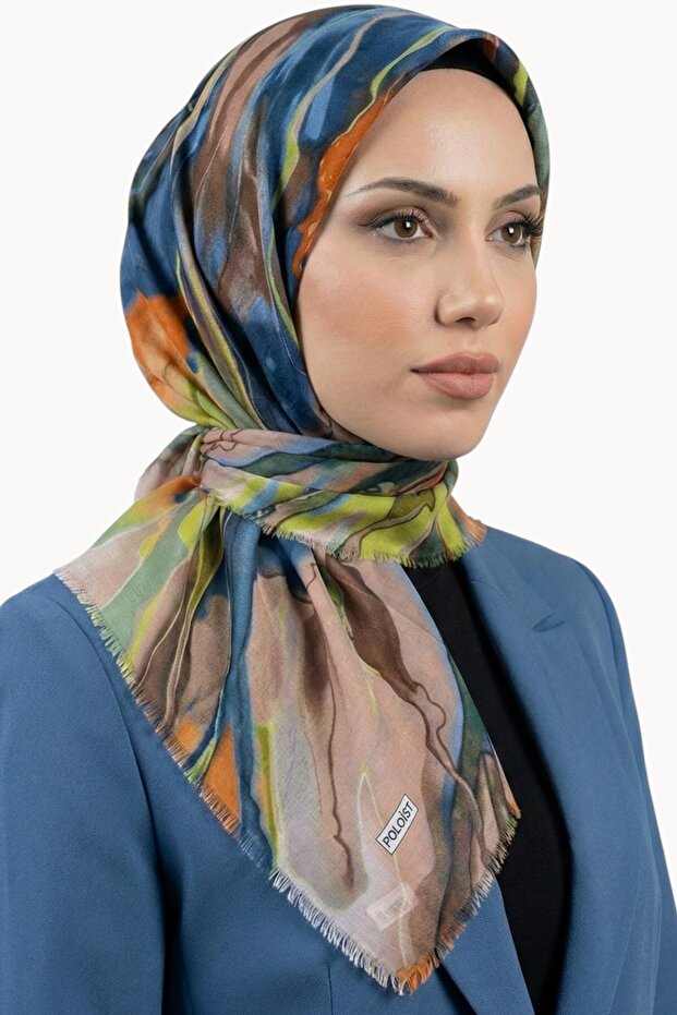 وشاح نسائي من القطن المزخرف بنمط المنك الأزرق