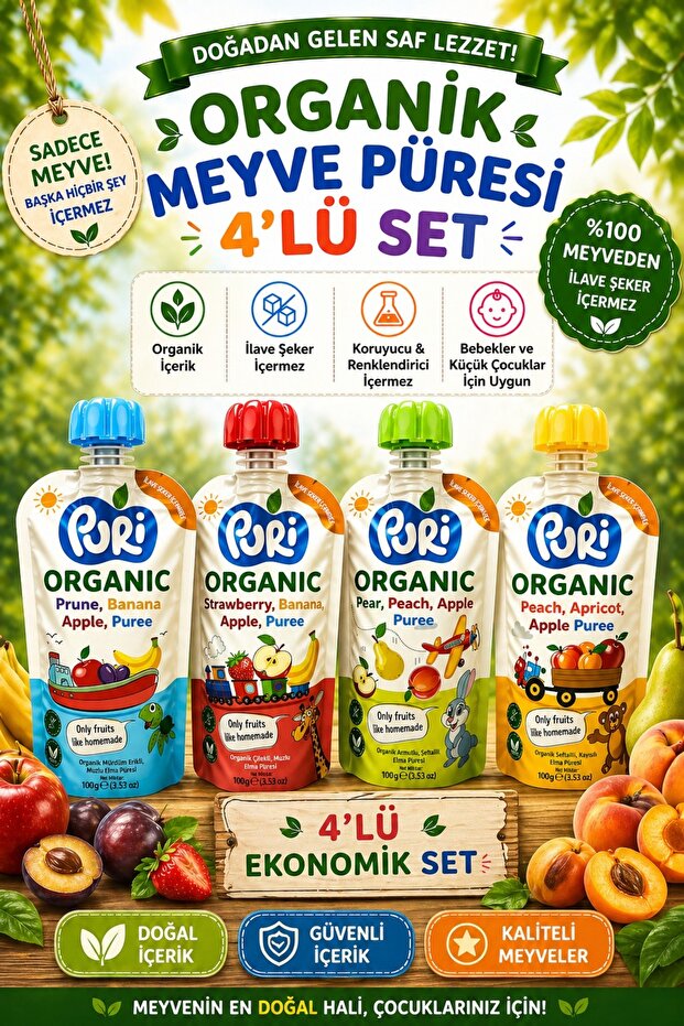 puri Organic %100 Organik Meyve Püresi 4’lü Set 100g x4 (Karışık Aroma, İlave Şekersiz)