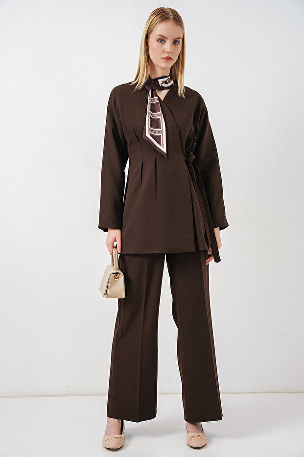 Women's Side-Tie Jacket and Trousers Two-Piece Set 30099 - Brown