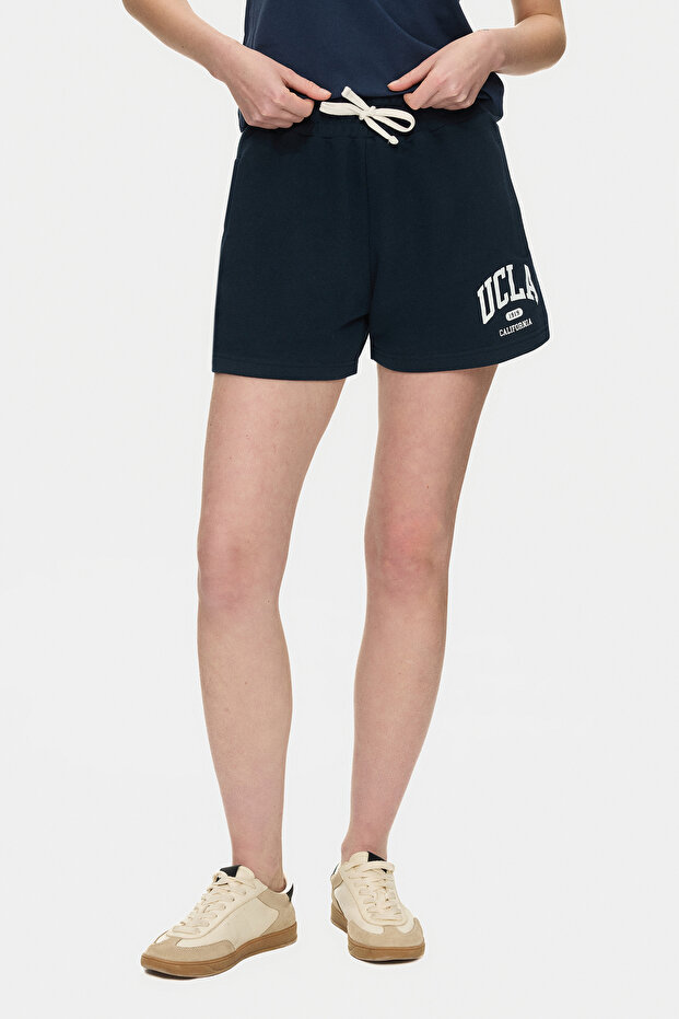 Lotte Navy Blue Printed Cotton Standard Fit Women's Knitted Shorts