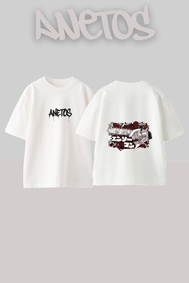 Chainsaw Man Design Back Printed Cotton White Oversize T-Shirt