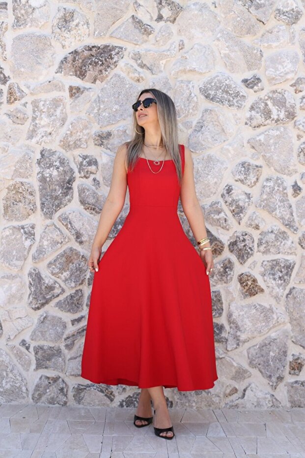 Red Square Neck Tie Back Midi Dress