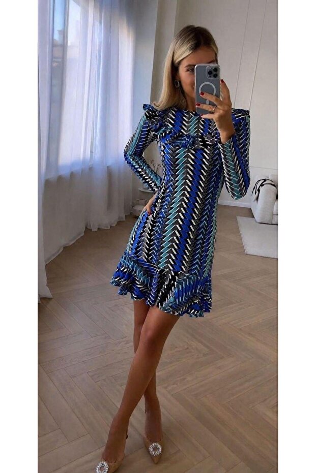 Cobalt Blue Long Sleeve Geometric Printed Flounced Mini Dress 58727