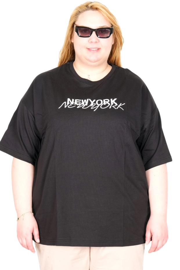 Mode XL Real Big Size Women's T-Shirt Bis Collar New York U26204 Black