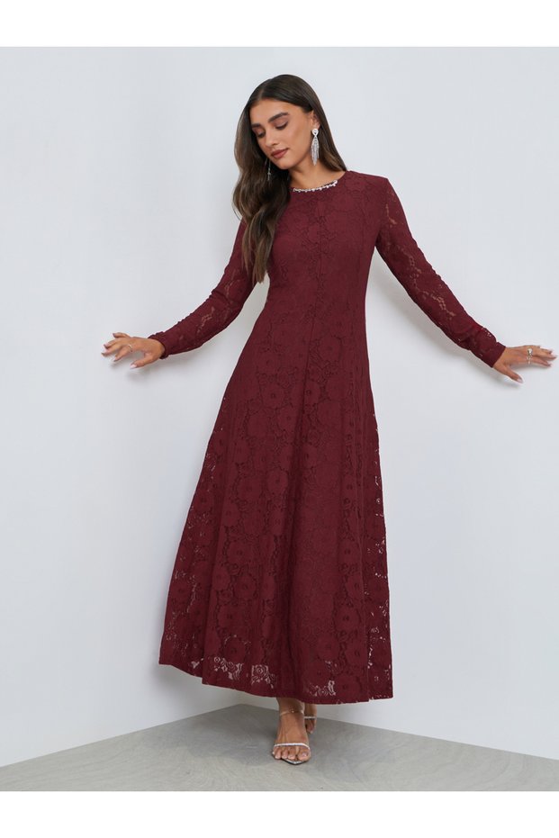 Red Floral Lace A-Line Maxi Dress