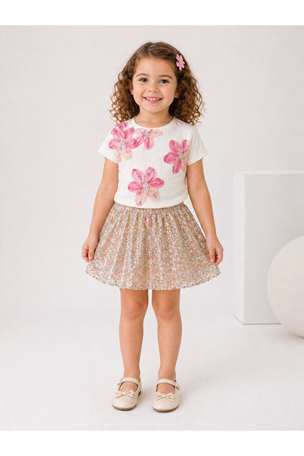 Girl's Floral Appliqué Sequin Skirt Set