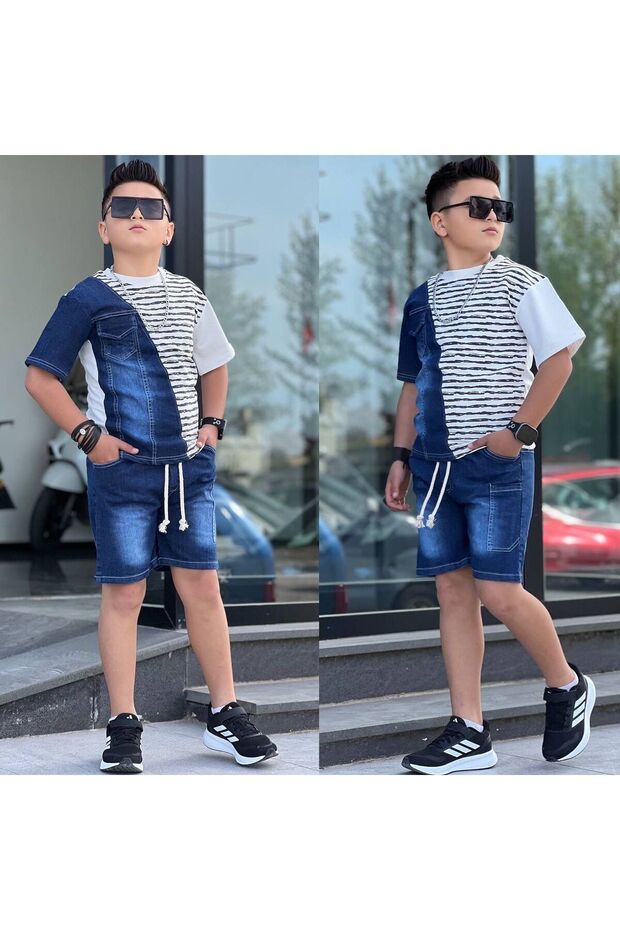 Boy's Summer Striped Pocket Detailed Double Denim Set - Denim Detailed T-Shirt - Shorts 100% Cotton Double Holiday Set