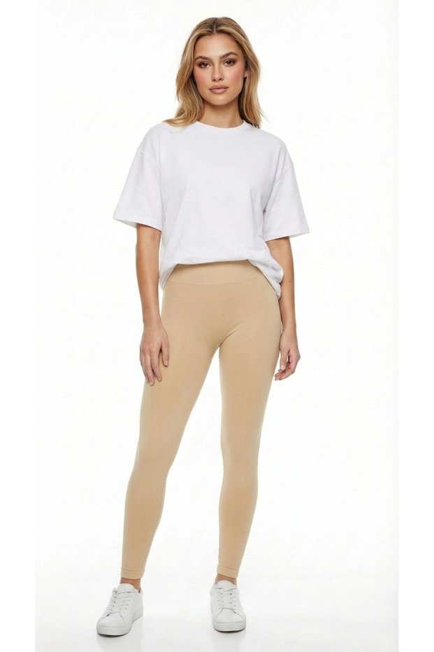 Women's Beige High Waist Seamless Ribbed Sports Leggings Gathering Seamless Nude