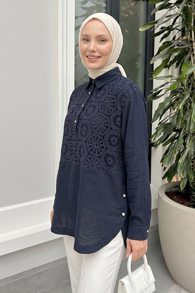 Lace Detailed Front Tunic 61640 - Dark Navy Blue