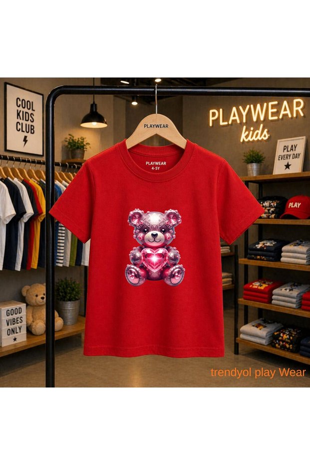 Shining Heart Bear Printed 100% Kids Unisex T-Shirt 5 6 -7 8-9 10 -11 12 Years Old
