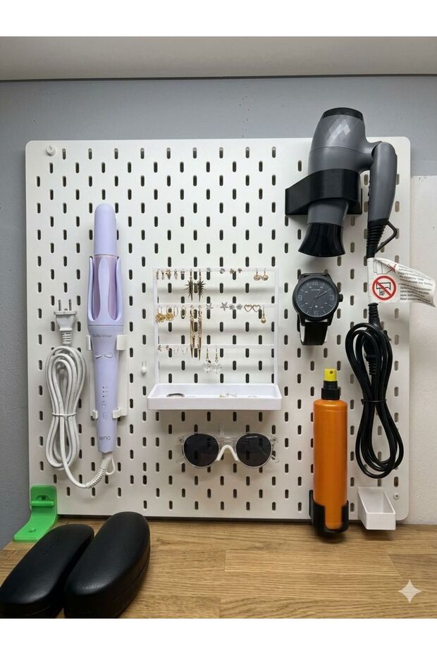 🧱 Skadis Compatible 6-Piece Organizer Set – Watch + Earring + Glasses Hanger + Hair Dryer + Tongs and Bottle Holder Hanger