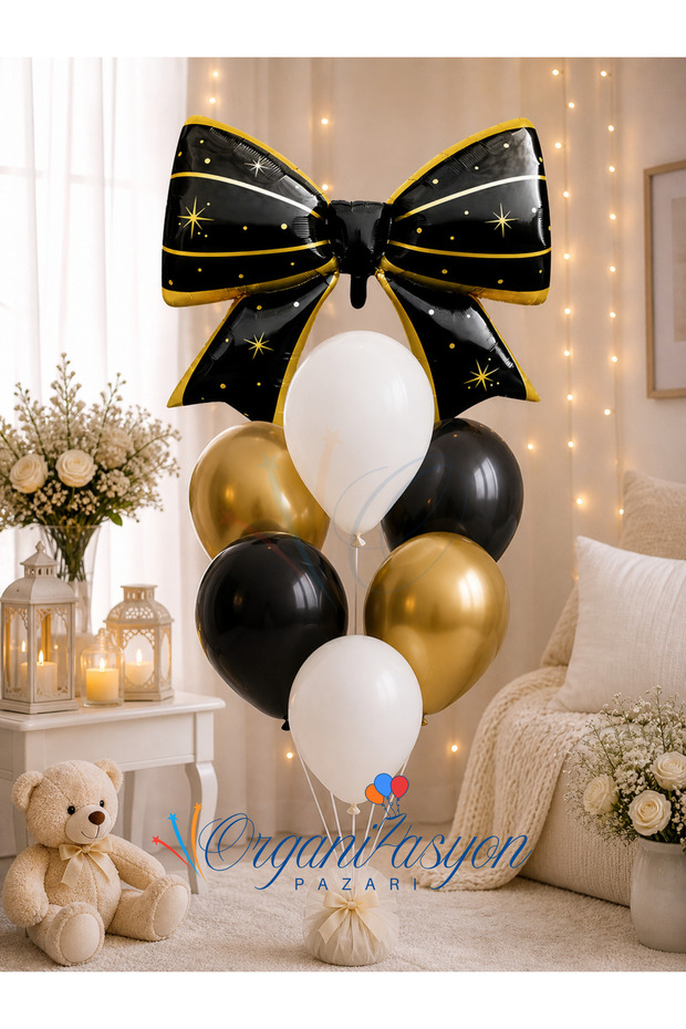 Black Gold Bow Balloon Set | Foil Ribbon | Birthday Party Decoration | Chrome Gold White Black