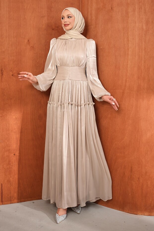 Stone Waist Gathered Layered Evening Dress