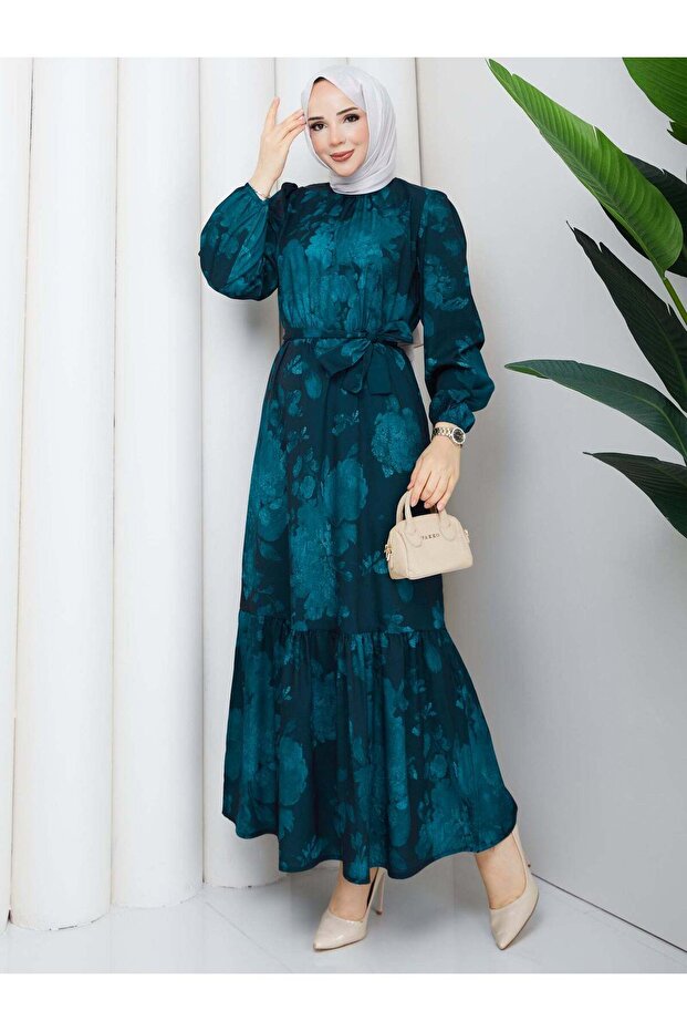 Patterned Belted Hijab Dress Lotus Pattern