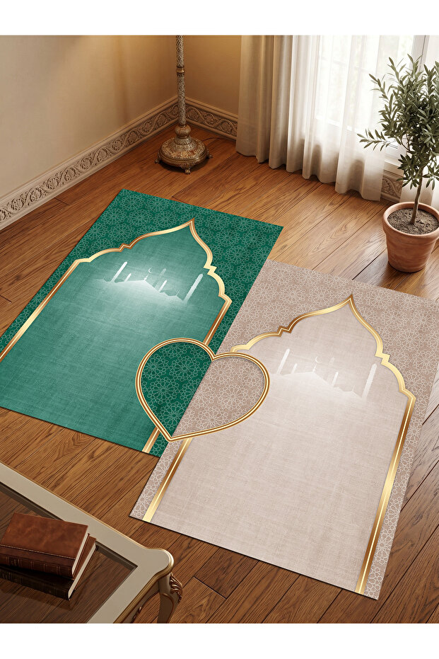 Sec_527 Heart-Shaped Prayer Rug with Non-Slip Base, Double Prayer Rug, Bride and Groom Bundle, Gift Dowry Box