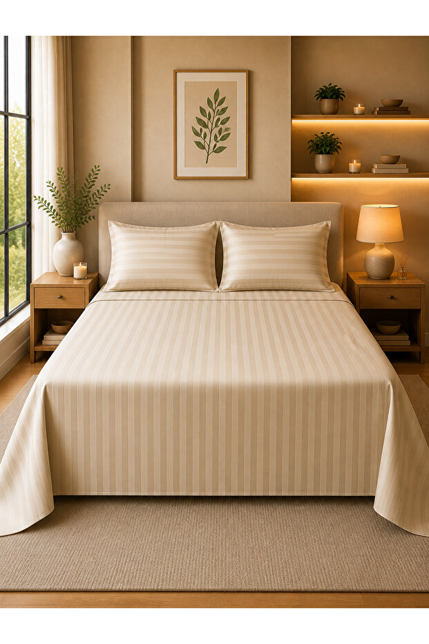 Double Bed Striped Bedsheet Set 3 Pieces – 220x200 cm Flat Sheet + 2 Pillowcases 50x75 cm – Soft & Breathable Fabric