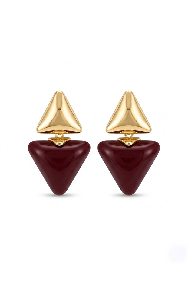 Burgundy Stone Gold Detailed Inverted Triangle Earrings