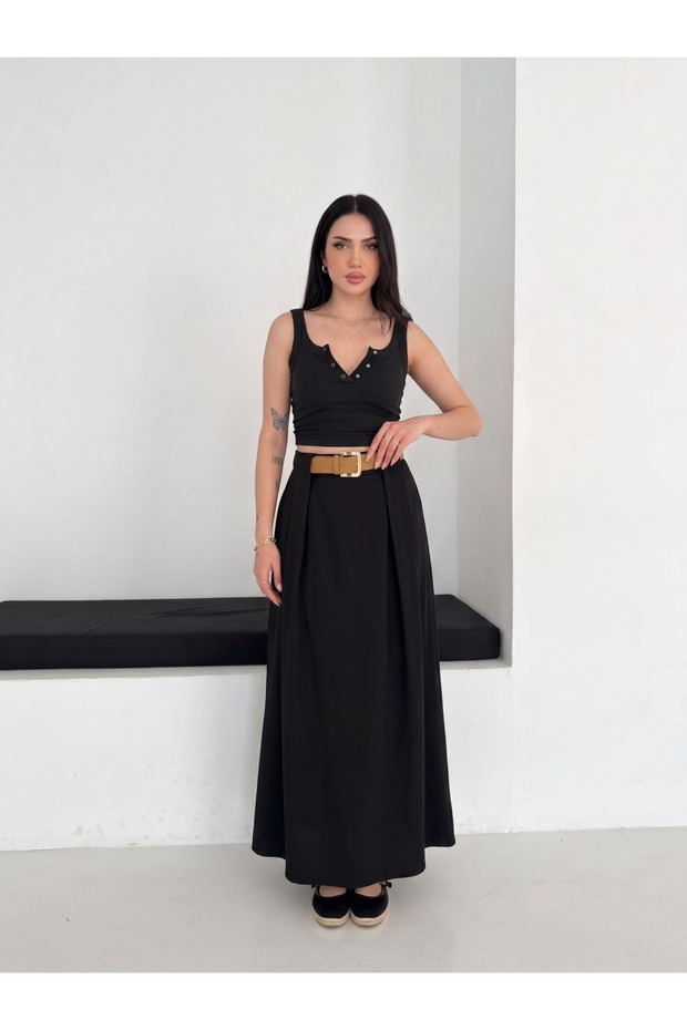 Women's Bridge Detail Self-Belted High Waist Premium Palazzo Skirt