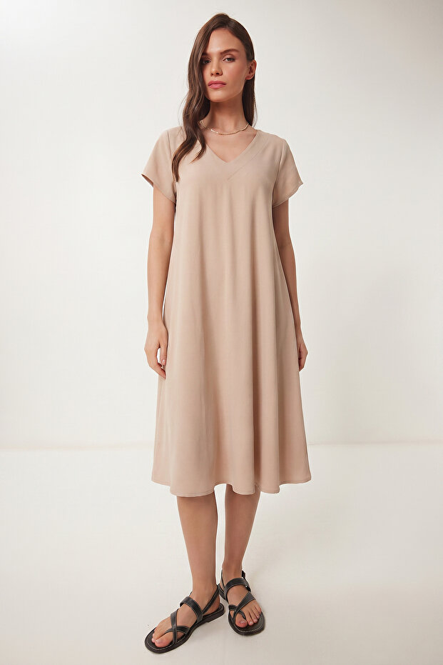 V-Neck Summer Flowy Viscose Dress Len0022 Beige