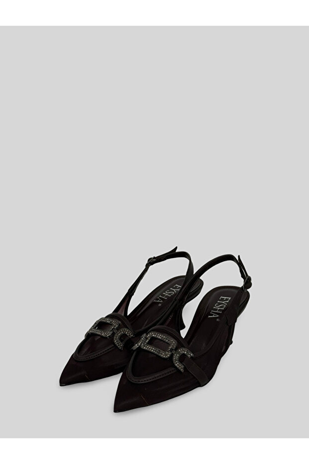Elisse Women's Black Silver Stone Buckle Open Back Short Heeled Shoes 7 cm