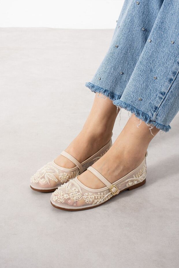Pavia Beige Tulle Embroidered Bead Embellished Belted Premium Ballerinas