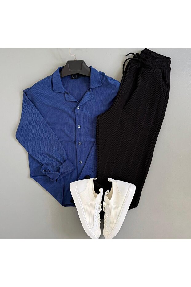Men's Wrinkled Fabric Summer Shirt Ottoman Trousers Bottom-Top Combination