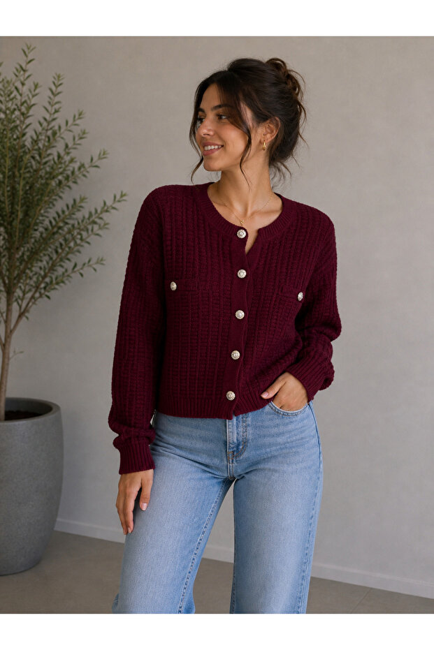 Women's Standard Short Midi Buttoned Seasonal Knitted Knitwear Jacket