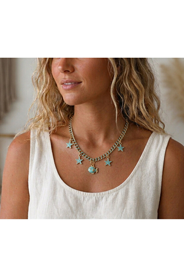 Steel Chain Turquoise Fish and Starfish Figured Design Necklace