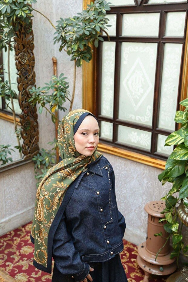 Noa Motif Patterned Shawl - Khaki-Navy Blue
