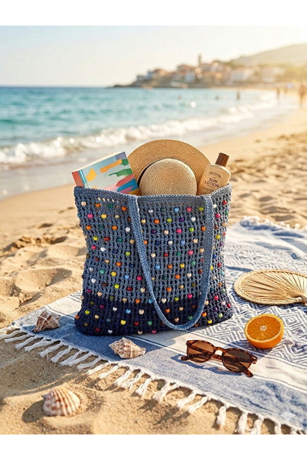 Women's Blue Straw Bag Beach Bag Si