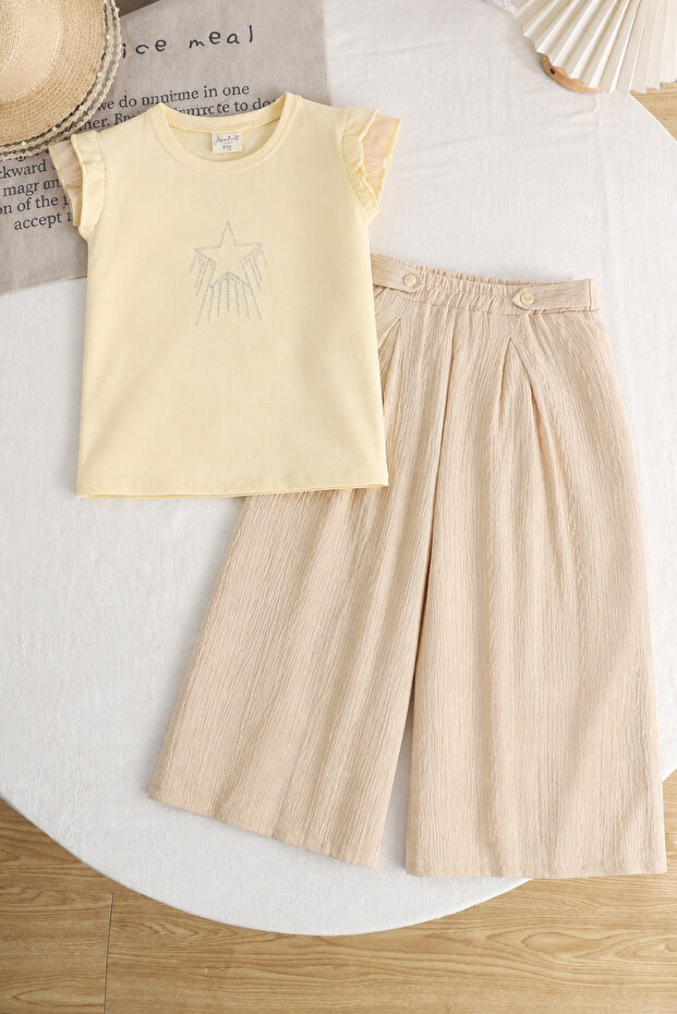 Girl's Embroidery Detailed T-Shirt and Wide-Legged Pants Set Stylish Comfortable Casual Combination