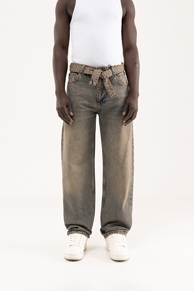 Men's Oversize Baggy Washed Jean Trousers Light Brown