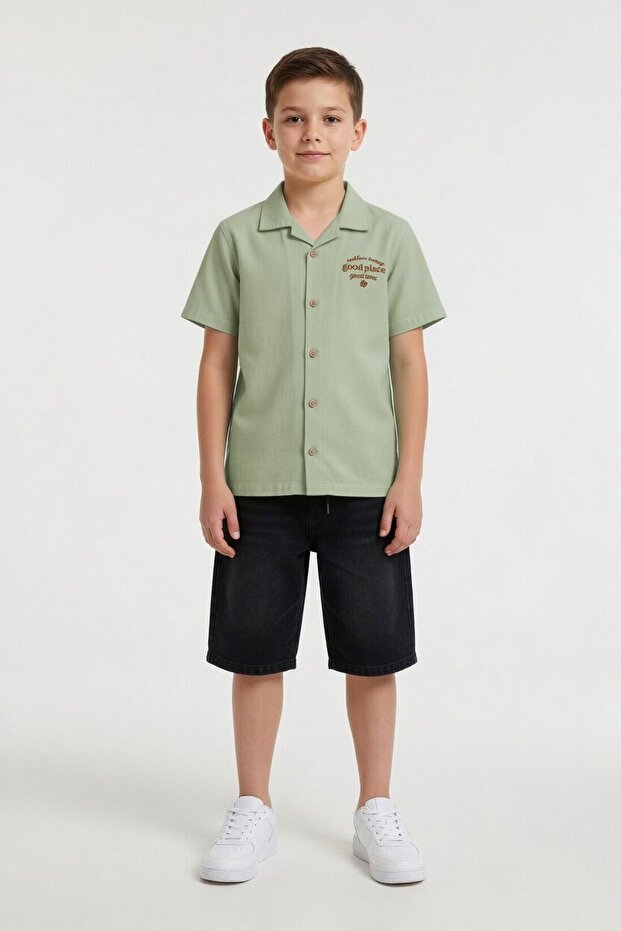 Green Lettering Patterned Short Sleeve Shirt and Jean Shorts Boys' 2-Piece Set 24025