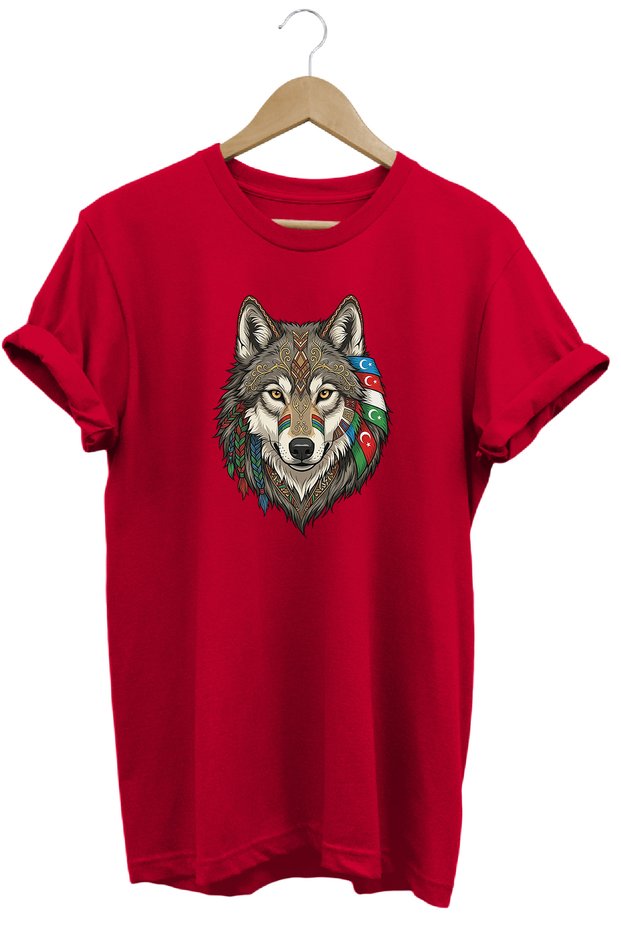 Unisex Wolf and Azerbaijan Flag Detailed T-Shirt Cotton White Wolf Graphic Printed T-Shirt