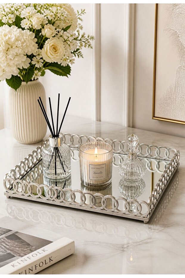 Silver Decorative Tray with Mirrored Ring Detail Large (27X40)