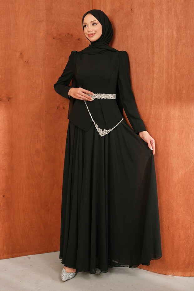 Black Stone Detailed Belted Evening Dress