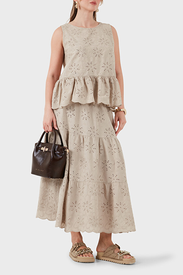 Cotton Relaxed Fit Embroidered Midi Skirt Skirt 2511