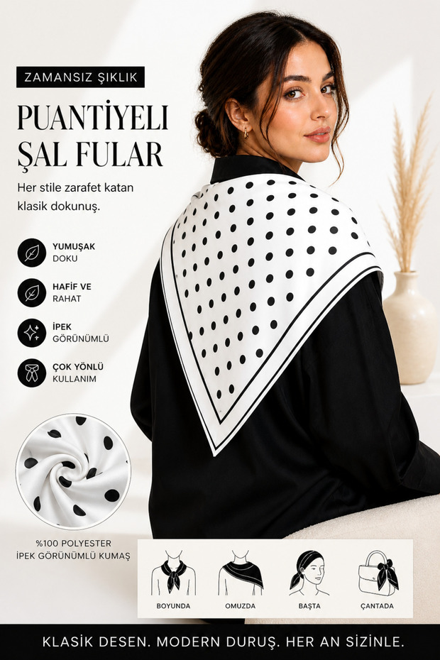 White Black Polka Dot Silk Look Shawl Scarf 70 cm – Stylish Women's Neck & Shoulder Accessory
