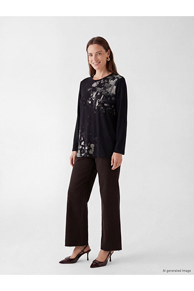 Crew Neck Patterned Blouse - 1