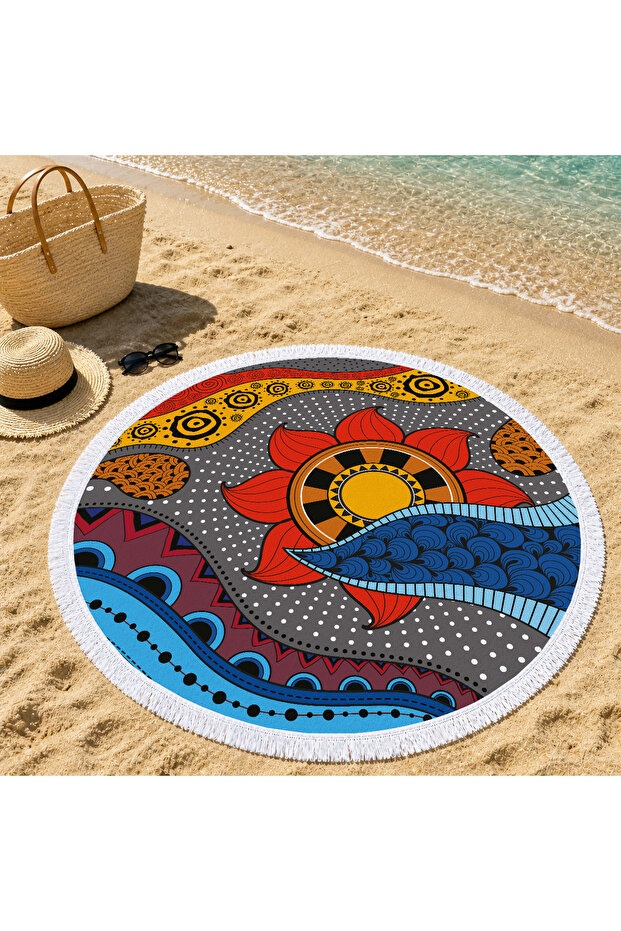 Ethnic Sun and Wave Patterned Multicolor 150 cm Round Beach Towel