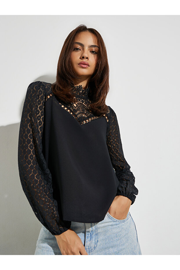 Black Lace Detail High Neck Top