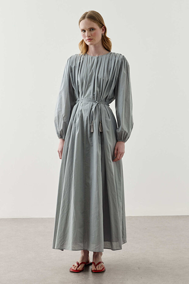 Drawstring Cotton Dress Blue