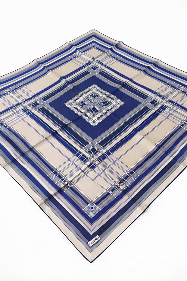 Tivil Pure Silk Scarf Ist 2817-1 Navy Blue Plaid Pattern