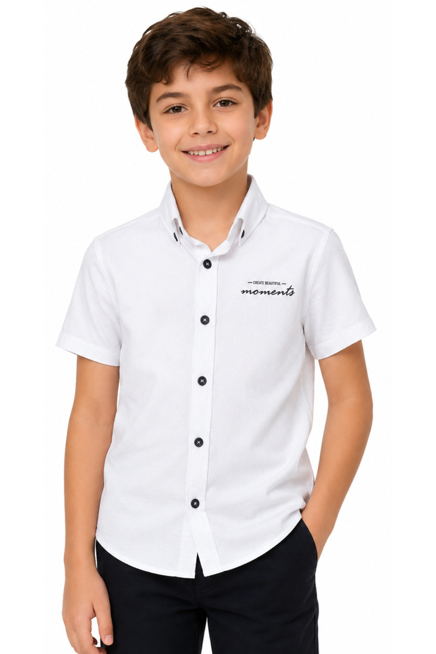 Boy's Moments Written Button Closure White Color Short Sleeve Shirt