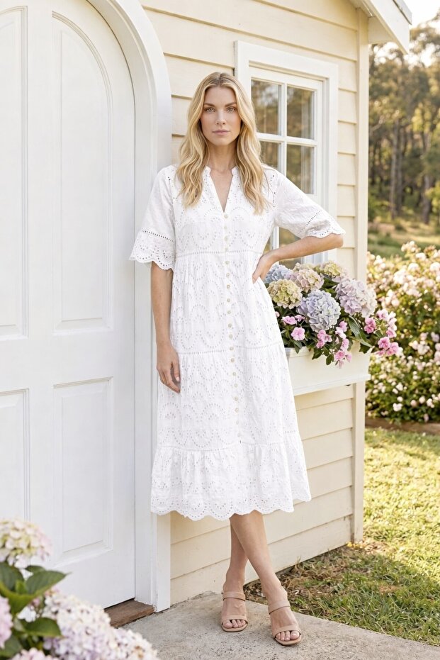 Midi Dress with Puff Sleeves and Button Detail