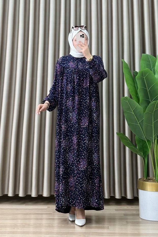 Nuray Dress Viscose Fabric Women's Navy Blue Collar Openable Buttons Elastic Sleeves Comfortable Cut Hijab Dress