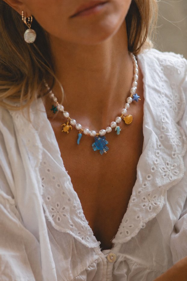 Pearl Steel Blue Fish Murano Glass Necklace (45 cm + 5 cm)